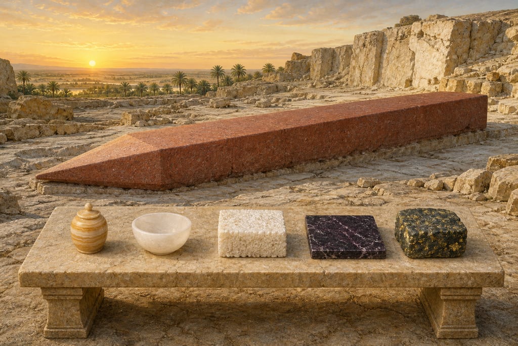 LYGDINUS; CORALLITIC STONE; STONE OF ALABANDA; STONE OF THEBAIS; STONE OF SYENE. Complete modern editorial illustration created specifically for this chapter.