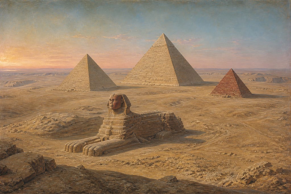 MARVELLOUS WORKS IN EGYPT. THE PYRAMIDS. Complete modern editorial illustration created specifically for this chapter.