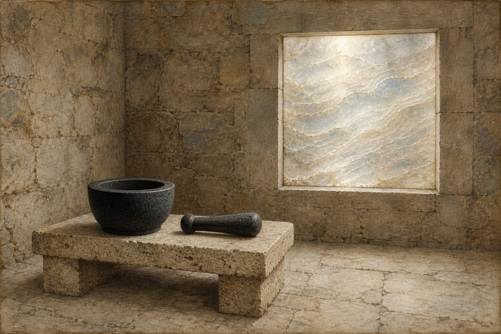 STONES FOR MORTARS USED FOR MEDICINAL AND OTHER PURPOSES. ETESIAN STONE. THEBAIC STONE. CHALAZIAN STONE. Complete modern editorial illustration created specifically for this chapter.