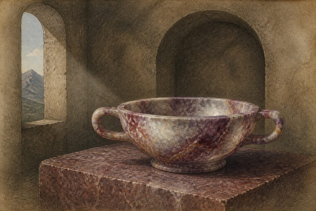 AT WHAT PERIOD MURRHINE VESSELS WERE FIRST INTRODUCED AT ROME. INSTANCES OF LUXURY IN REFERENCE TO THEM. Complete modern editorial illustration created specifically for this chapter.